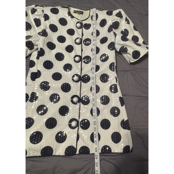 Vintage Karen Lawrence Sequin White & Navy Blue Polka Dot Women's Blouse Size-8 - Picture 5 of 13